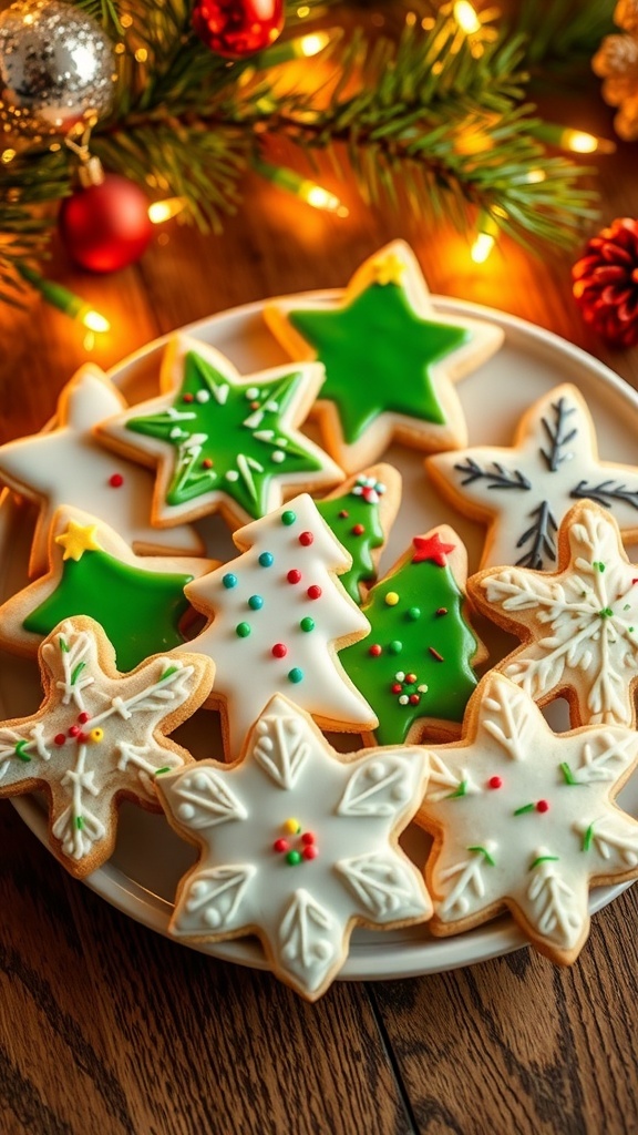 A plate of decorated Christmas sugar cookies in festive shapes with icing and sprinkles.